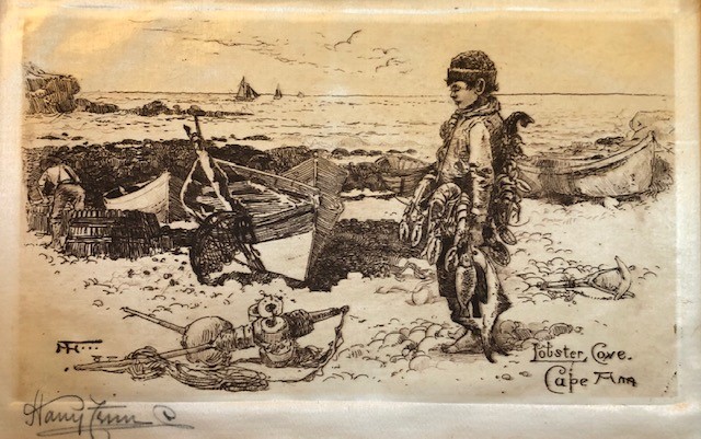 A coastal scene depicting a figure carrying fish near boats and fishing gear on a rocky shore.