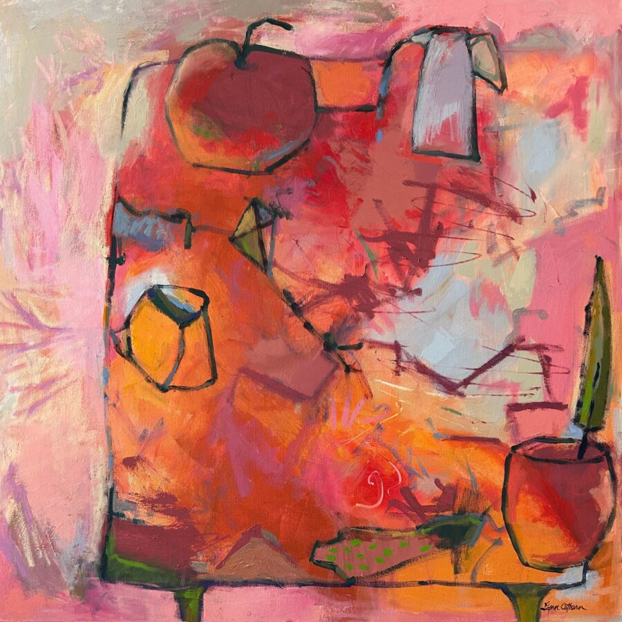 A vibrant still life featuring a red apple and other objects on a table against a warm, abstract background.