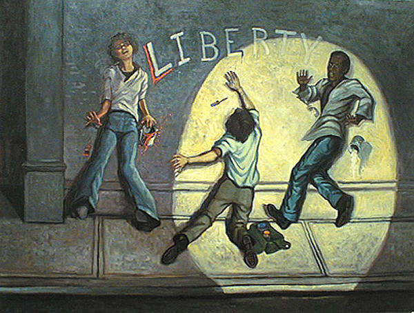 A dramatic street scene featuring three figures in motion against a wall with the word LIBERTY painted on it.