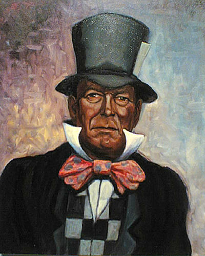 A formal portrait of a man in a top hat and bow tie against a textured background.