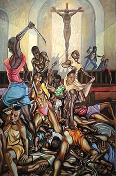 A dramatic painting depicting a chaotic scene of violence inside a church with a crucifixion in the background.