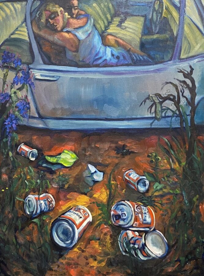 A surreal oil painting of a couple sleeping in a car surrounded by discarded cans and overgrown weeds.