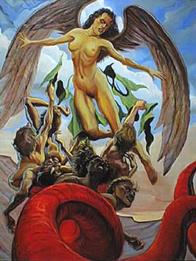 A winged figure descends from the sky above a chaotic group of figures and red tentacles.