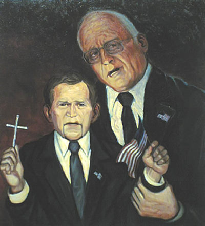 A portrait of two figures in dark suits, one holding a cross and the other clutching an American flag.