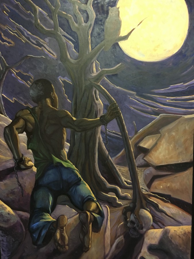 A muscular figure in chains kneels before a gnarled tree under a bright moon, holding a staff topped with a skull.