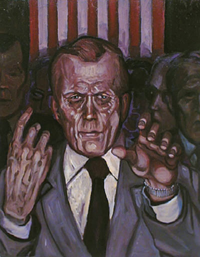 A portrait of a central figure in a suit with hands raised, set against a striped background.