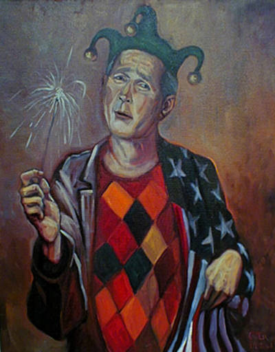 A jester figure holding a sparkler, dressed in a diamond-patterned vest and star-spotted jacket.
