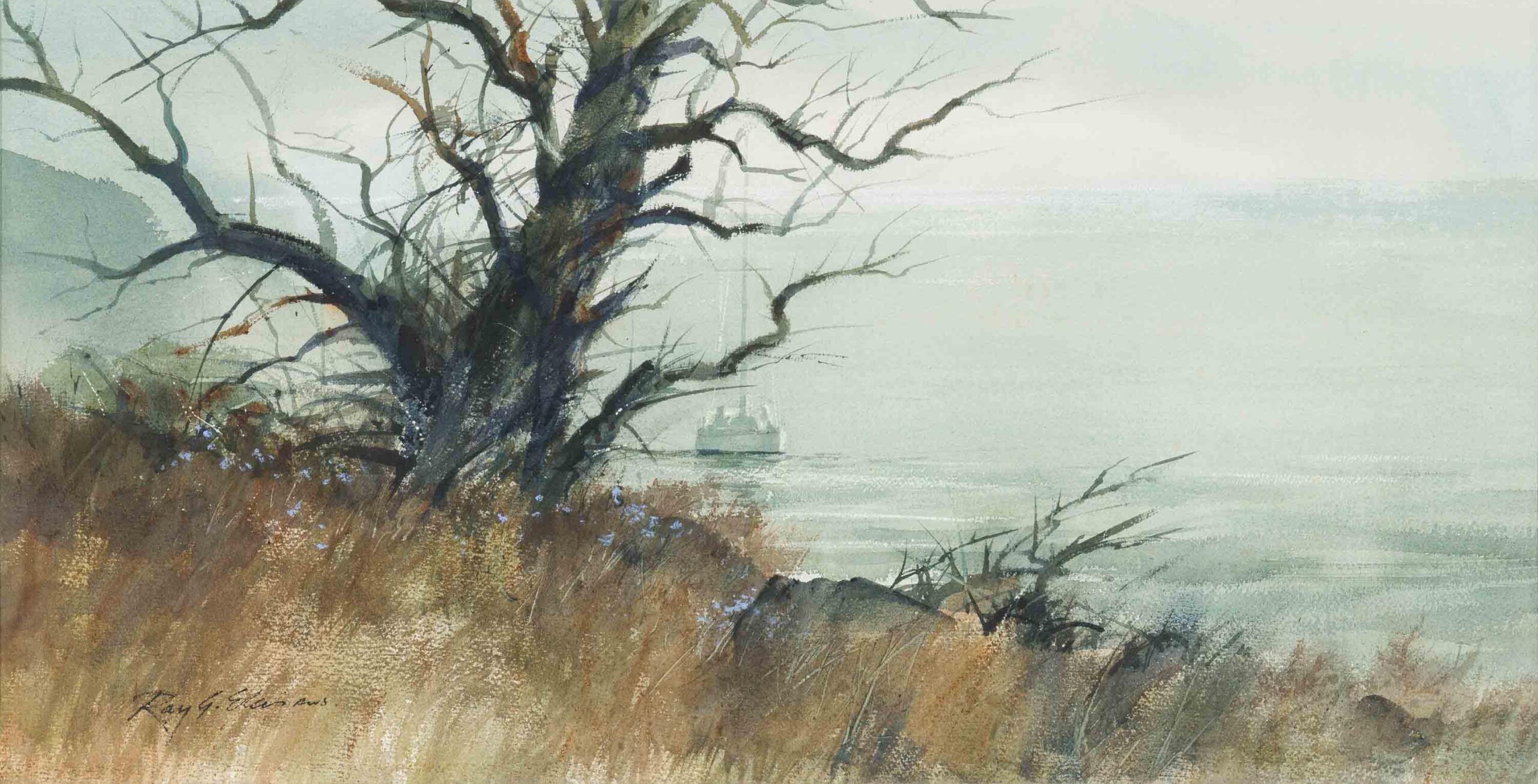 A misty coastal landscape featuring a gnarled tree and distant boat.