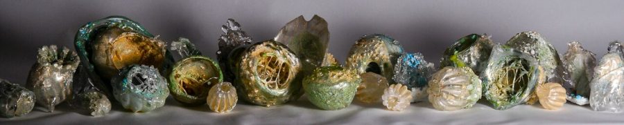 A collection of translucent, organic-shaped glass objects arranged in a row.