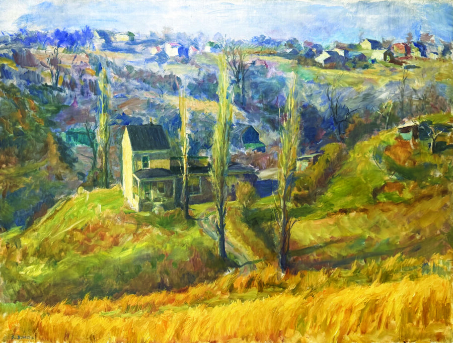 A vibrant impressionist landscape of a hillside village bathed in golden light.