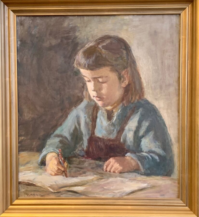 "A quiet, focused study of a young figure writing at a desk in soft, impressionistic light."