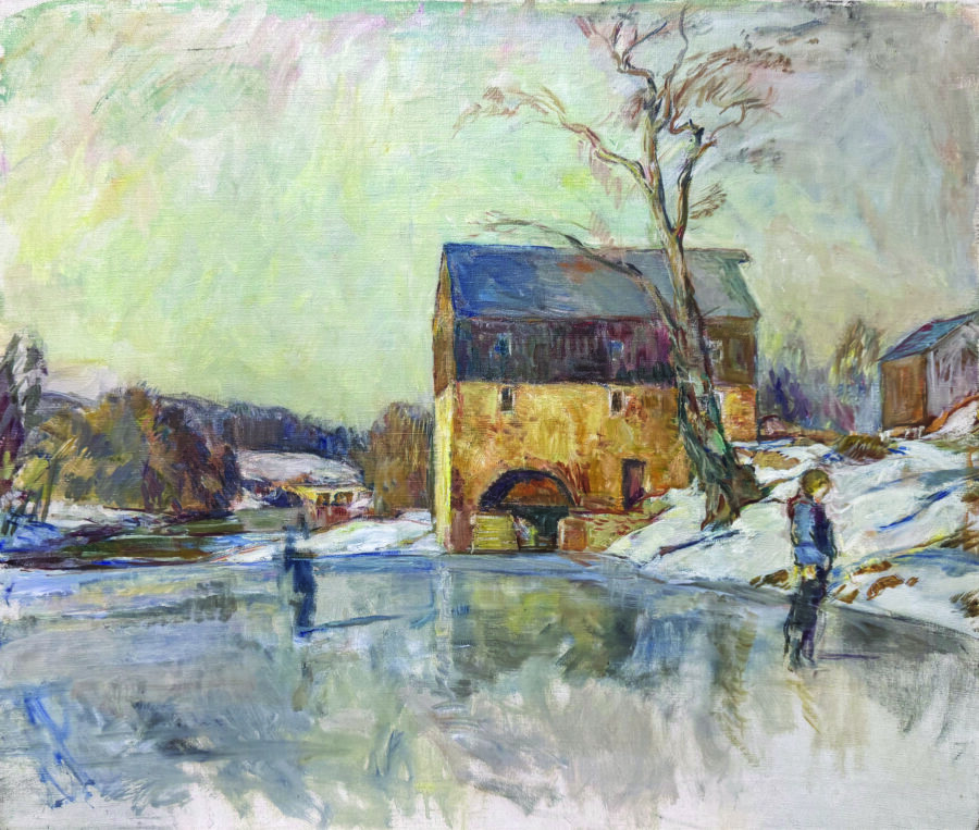 A winter landscape featuring a stone mill by a frozen river with a solitary figure standing nearby.
