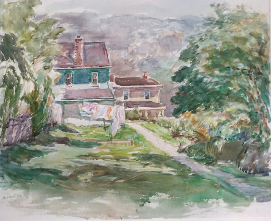 A watercolor landscape of a two-story house with laundry hanging outside, set against a misty mountain backdrop.