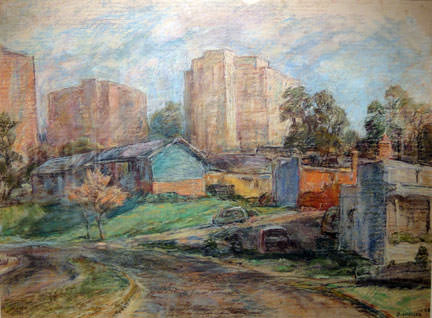 A textured landscape painting blending rustic cottages with towering apartment blocks under a soft sky.