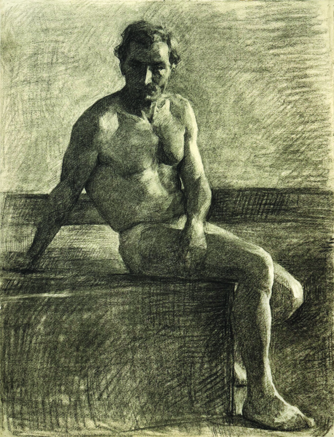 A monochromatic charcoal study of a seated nude figure with strong chiaroscuro lighting.