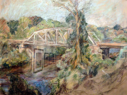 A textured landscape painting of a bridge over a stream, rendered in earthy tones with visible brushstrokes.
