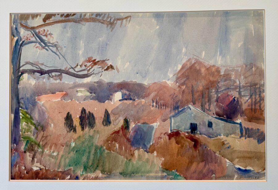 A watercolor landscape of a rural hillside with a white house, trees, and distant hills under an overcast sky.