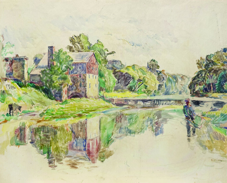 A loose watercolor landscape of a riverbank with a mill, a cow, and a fisherman.