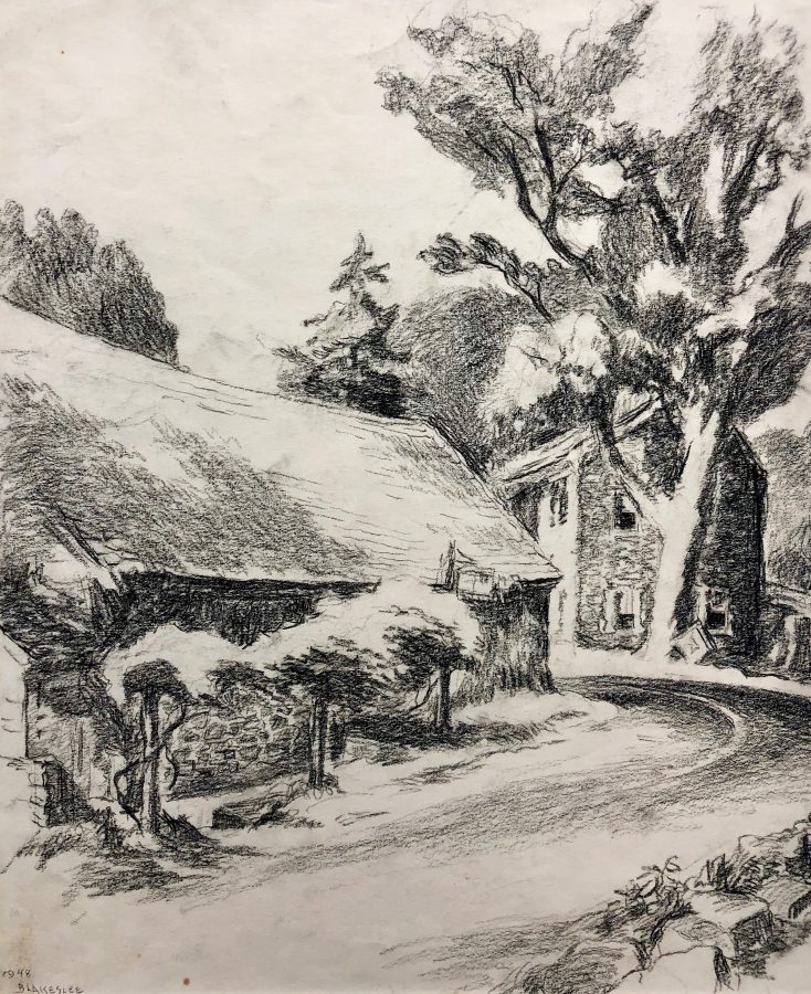 A sketch of a rustic stone cottage nestled among trees along a winding road.