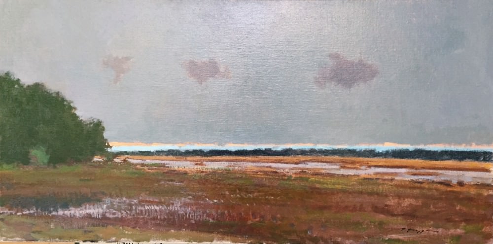 A muted landscape painting of a marshy field under an overcast sky.