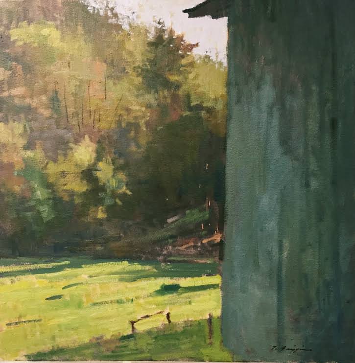 A landscape painting featuring a green field and trees viewed from behind a dark structure.