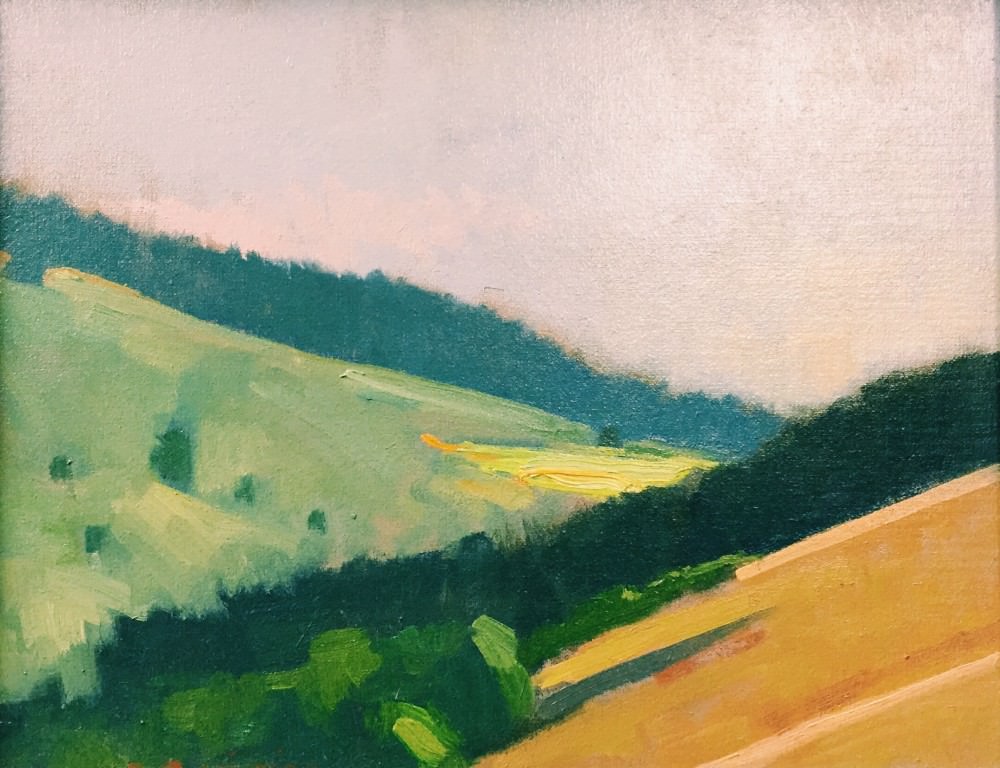 A landscape painting of rolling hills under a pale sky.