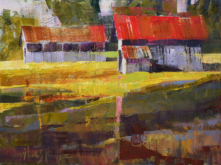 A vibrant landscape painting of rustic buildings with bold brushstrokes.