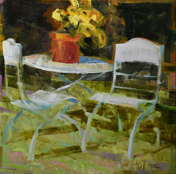 A vibrant still life of a café table with two white chairs and a vase of yellow flowers.