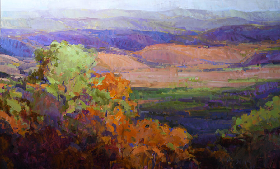 A vibrant landscape painting of rolling hills and autumn foliage under a soft sky.