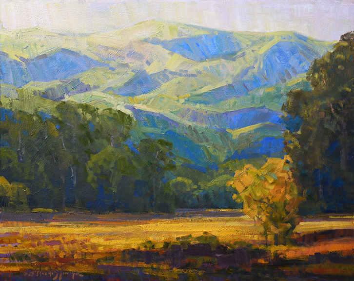 A vibrant landscape painting of rolling hills and a sunlit field.