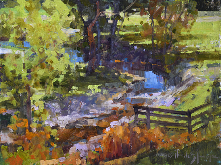 A vibrant impressionist landscape of a sunlit stream winding through a forest.