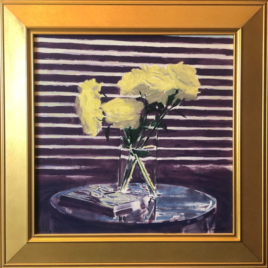 A still life painting of yellow roses in a vase on a reflective tray against a striped background.