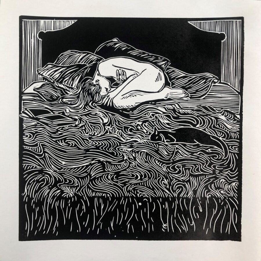 A black and white woodcut print of a sleeping figure curled on a bed with a cat nearby.