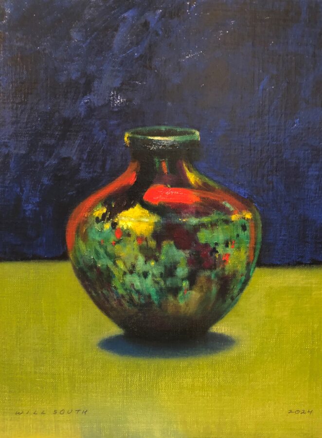 A vibrant still life painting of a colorful vase against a dark blue background.