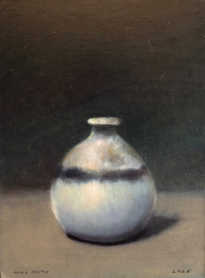 A still life painting of a small ceramic vase with a dark horizontal band against a muted background.