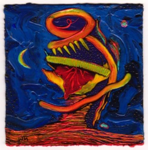 A vibrant, surreal creature with a swirling body and sharp teeth emerges from a textured landscape.