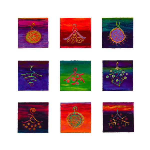 A grid of nine colorful abstract paintings featuring organic shapes and vibrant gradients.