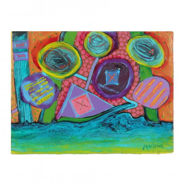 A colorful abstract composition featuring floating geometric shapes over a wavy teal surface.