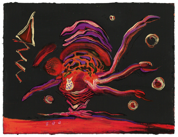 A surreal, abstract figure in vibrant reds and purples against a dark background.