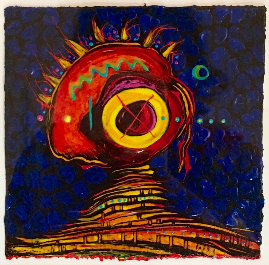A surreal composition featuring a large, fiery eye-like orb hovering over a layered landscape against a deep blue background.