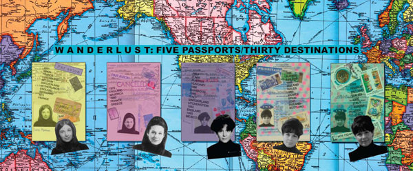 A collage of passport pages and portraits set against a colorful world map.
