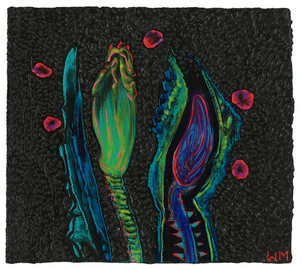 A surreal painting of three abstract, plant-like figures against a dark, textured background.