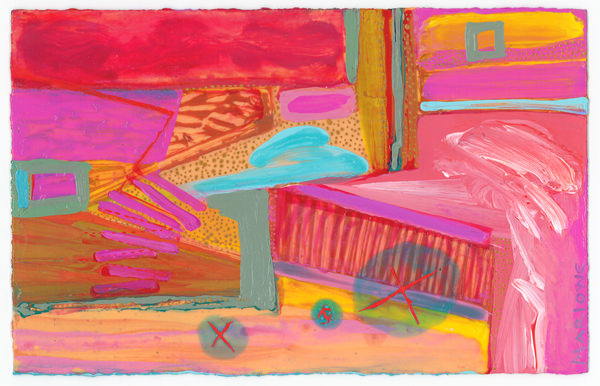 A vibrant abstract composition featuring a colorful, layered arrangement of geometric shapes and organic forms.