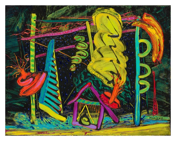 A vibrant, abstract composition of colorful, organic shapes against a dark background.
