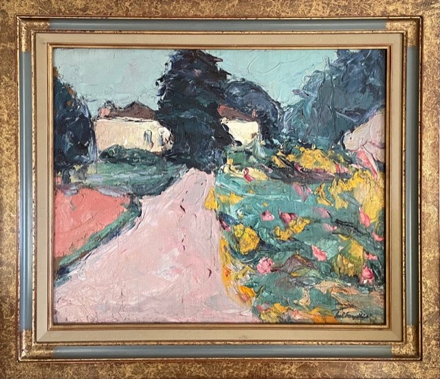 A vibrant impressionist landscape featuring a pink path leading toward distant houses under dark trees.