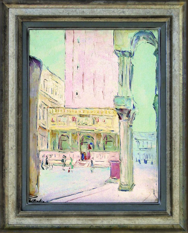 A vibrant impressionist painting of a sunlit European plaza with pastel buildings and classical columns.