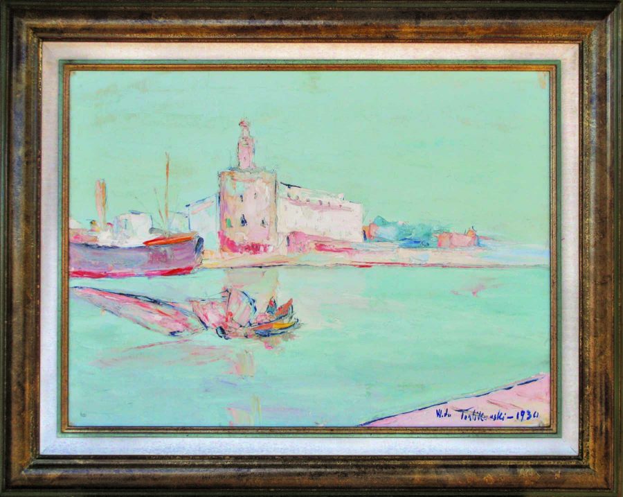 A pastel seascape painting of a coastal town with boats and a tower.