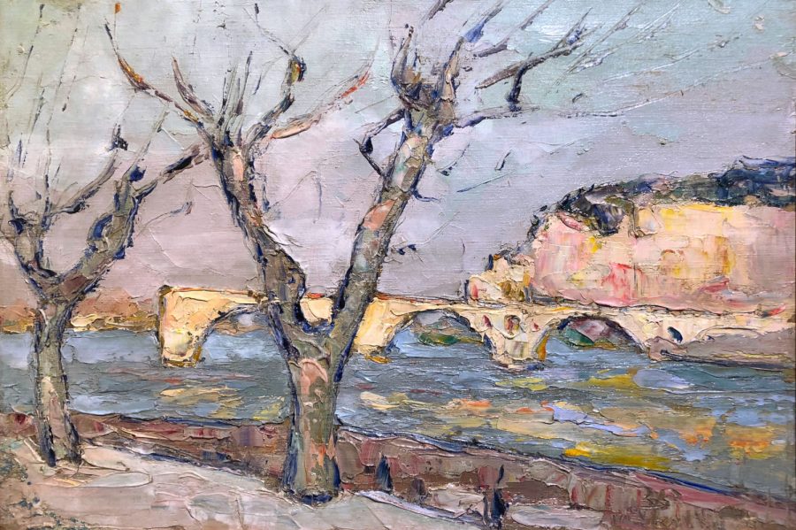A textured landscape painting of a bridge over water with bare trees in the foreground.