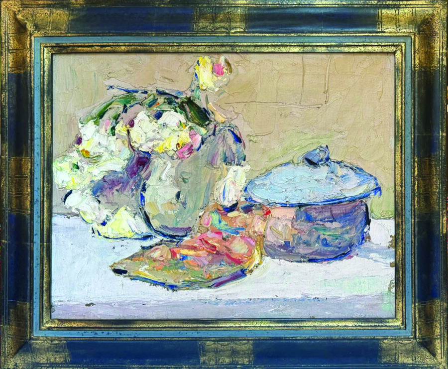 A textured still life featuring a bouquet of flowers, a lidded jar, and a colorful cloth on a white surface.