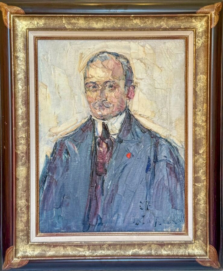 A textured portrait of a man in formal attire with a red pin, rendered in an expressive style.